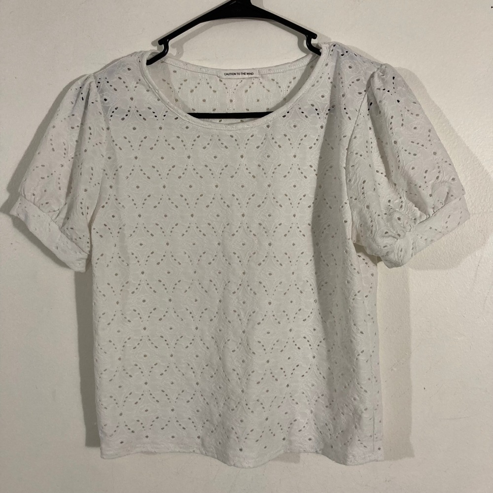 Caution to the Wind Eyelet Blouse Women Small White  Puff Sleeve Top